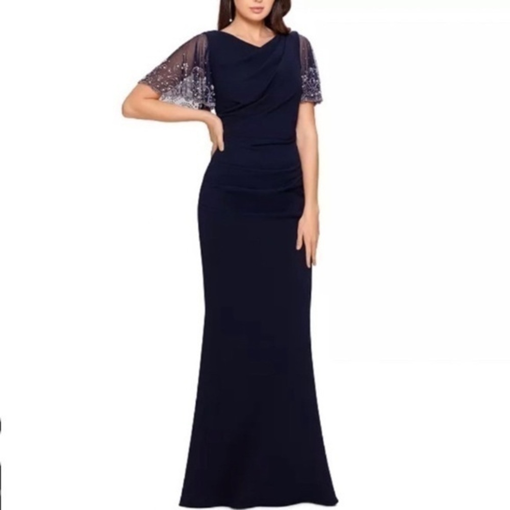 Betsy & Adam Beaded-Sleeve Gown V-back in Navy Blue